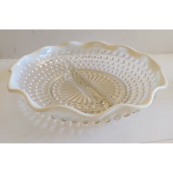 Vintage Fenton Glass Divided Hobnail Serving Dish scalloped frosted edges 7 3/4" - Picture 1 of 11